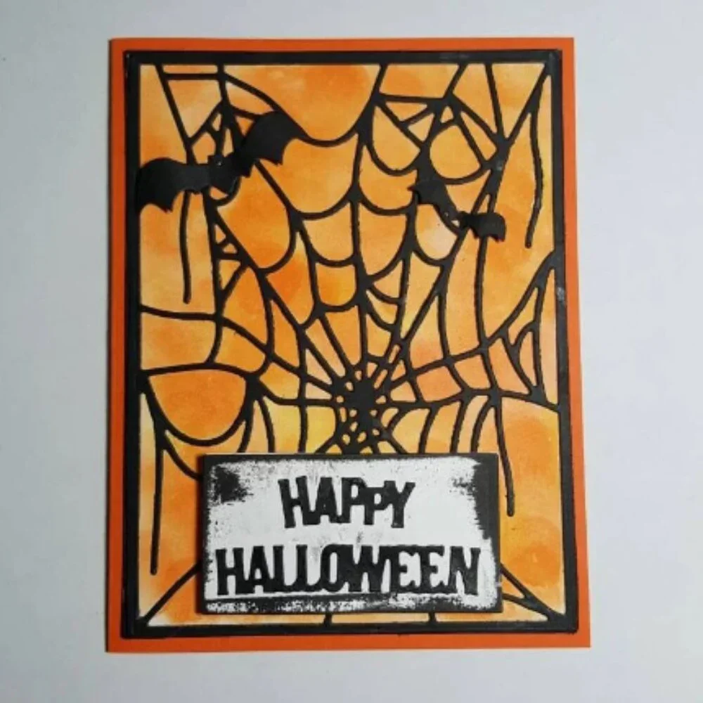 Happy Halloween Spider Webs and Bats Note Card - Orange & Black, Die Cut & Stamp